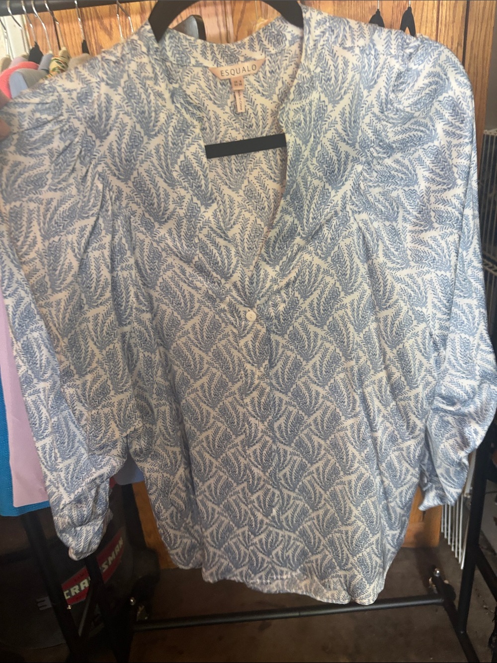 ESQUALO Blue Leaf-Print V-Neck Blouse